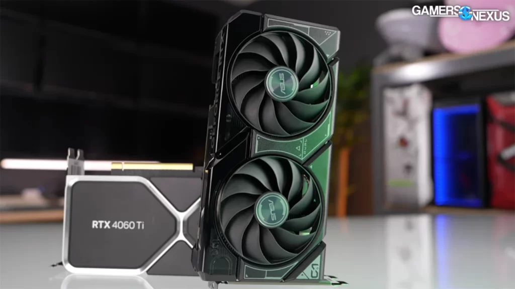 دو کارت گرافیک ASUS Dual RTX 4060 ایستاده، جلوی RTX 4060 Ti FE - منبع: Gamers Nexus