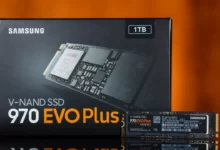 تصویری از حافظه Samsung 970 Evo plus یک ترابایتی در کنار جعبه