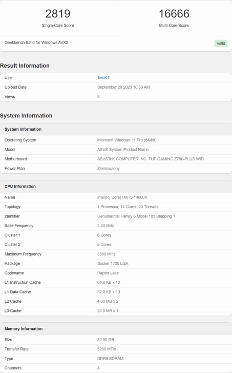 بنچمارک پردازنده Core i5-14600K؛ در Geekbench 6