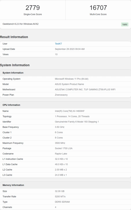 بنچمارک پردازنده Core i5-14600K؛ در Geekbench 6