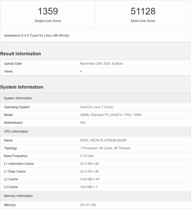بنچمارک پردازندههای Platinum 8558P و 8551C از سری Xeon، در Geekbench لو رفت.