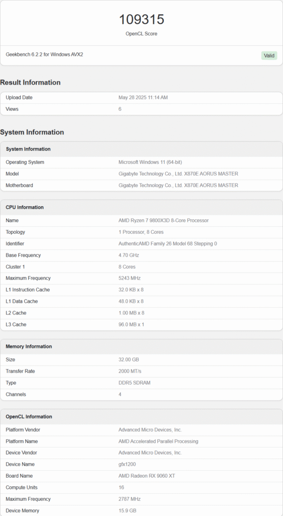 AMD Radeon RX 9060 XT OpenCL